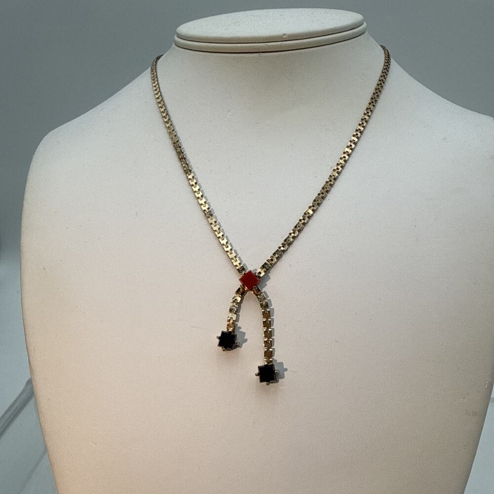 Sarah Coventry Red/black Gemstone Drop Gold Tone Necklace Signed